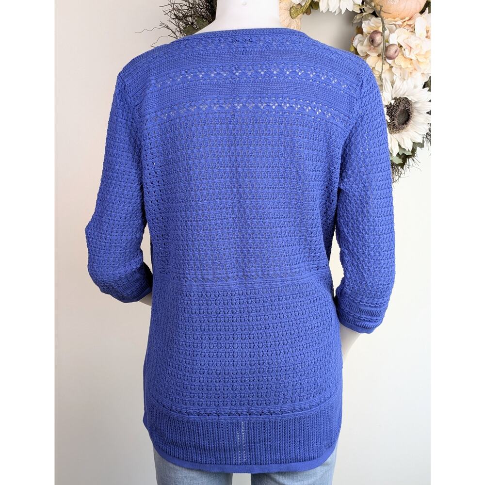 Talbots Tunic Sweater Large Blue Open Weave 3/4 Sleeve Split V-Neck Relaxed - Picture 6 of 9